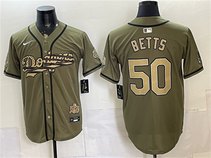 Men's Los Angeles Dodgers #50 Mookie Betts Olive 2026 Armed Forces Day Stitched Baseball Jersey